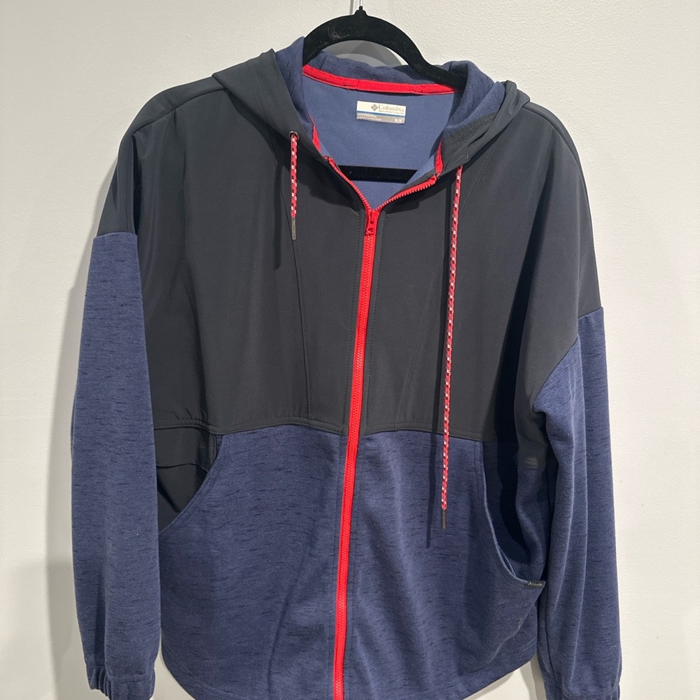 Columbia Men’s M Blue Gray Hooded Full Zip Jacket Outdoor Softshell Stretch